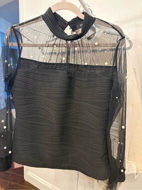 Chiffon Pearl-Embellished Black Mock Neck Top